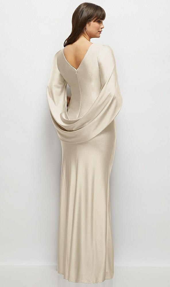 Back View - Champagne Draped Stretch Satin Maxi Dress with Built-in Capelet