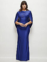 Front View Thumbnail - Cobalt Blue Draped Stretch Satin Maxi Dress with Built-in Capelet