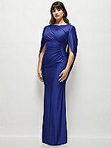Side View Thumbnail - Cobalt Blue Draped Stretch Satin Maxi Dress with Built-in Capelet