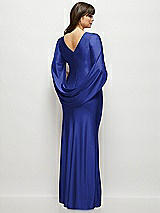 Rear View Thumbnail - Cobalt Blue Draped Stretch Satin Maxi Dress with Built-in Capelet