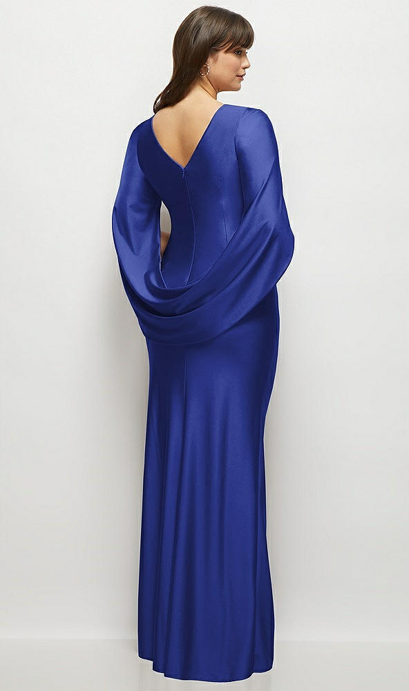 Back View - Cobalt Blue Draped Stretch Satin Maxi Dress with Built-in Capelet