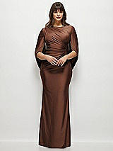 Front View Thumbnail - Cognac Draped Stretch Satin Maxi Dress with Built-in Capelet