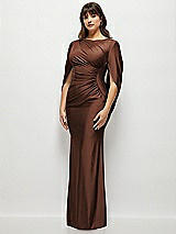 Side View Thumbnail - Cognac Draped Stretch Satin Maxi Dress with Built-in Capelet