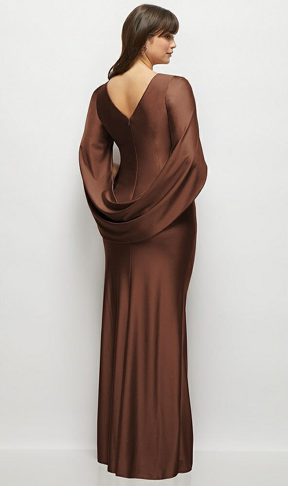 Back View - Cognac Draped Stretch Satin Maxi Dress with Built-in Capelet
