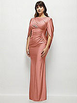 Side View Thumbnail - Desert Rose Draped Stretch Satin Maxi Dress with Built-in Capelet