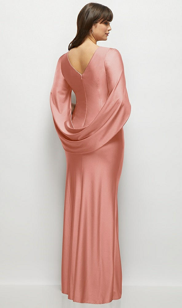 Back View - Desert Rose Draped Stretch Satin Maxi Dress with Built-in Capelet