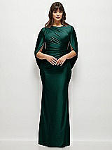 Front View Thumbnail - Evergreen Draped Stretch Satin Maxi Dress with Built-in Capelet