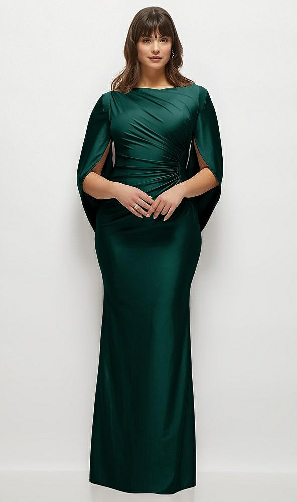 Front View - Evergreen Draped Stretch Satin Maxi Dress with Built-in Capelet