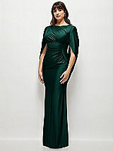 Side View Thumbnail - Evergreen Draped Stretch Satin Maxi Dress with Built-in Capelet
