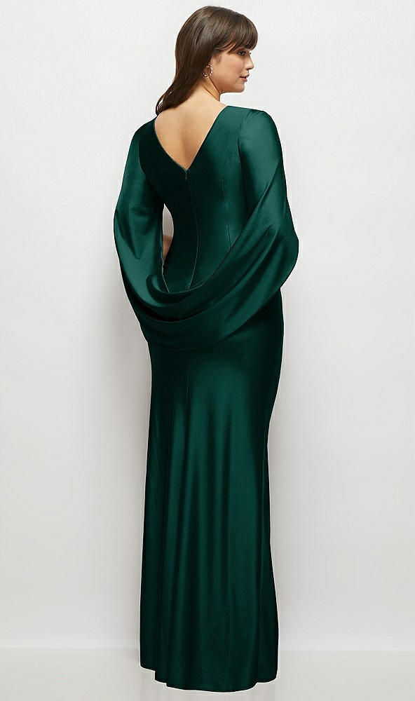 Back View - Evergreen Draped Stretch Satin Maxi Dress with Built-in Capelet