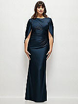 Alt View 1 Thumbnail - Midnight Navy Draped Stretch Satin Maxi Dress with Built-in Capelet