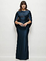 Front View Thumbnail - Midnight Navy Draped Stretch Satin Maxi Dress with Built-in Capelet