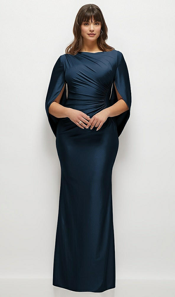 Front View - Midnight Navy Draped Stretch Satin Maxi Dress with Built-in Capelet