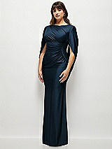 Side View Thumbnail - Midnight Navy Draped Stretch Satin Maxi Dress with Built-in Capelet