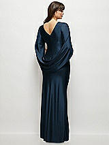 Rear View Thumbnail - Midnight Navy Draped Stretch Satin Maxi Dress with Built-in Capelet