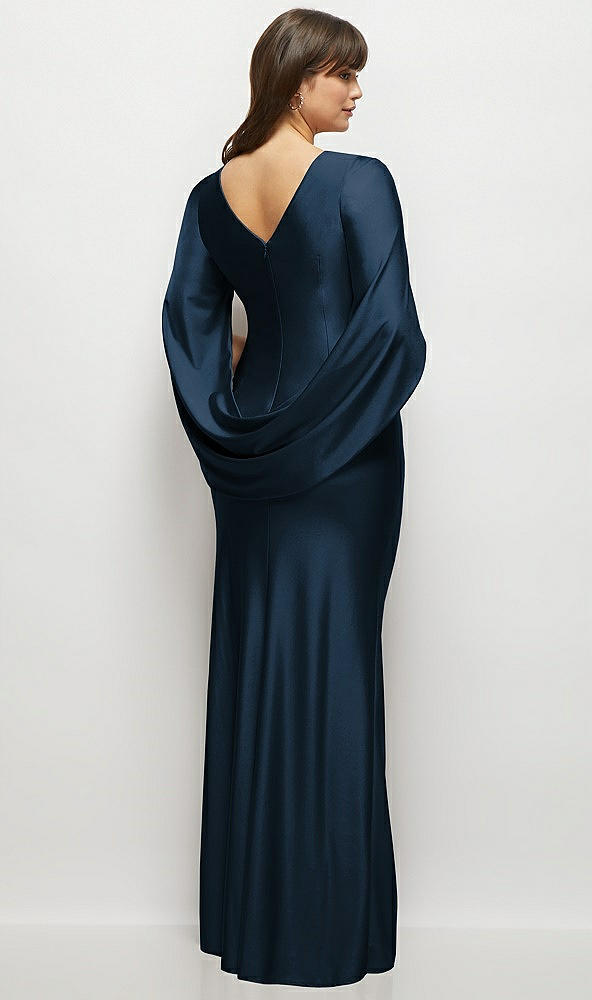 Back View - Midnight Navy Draped Stretch Satin Maxi Dress with Built-in Capelet