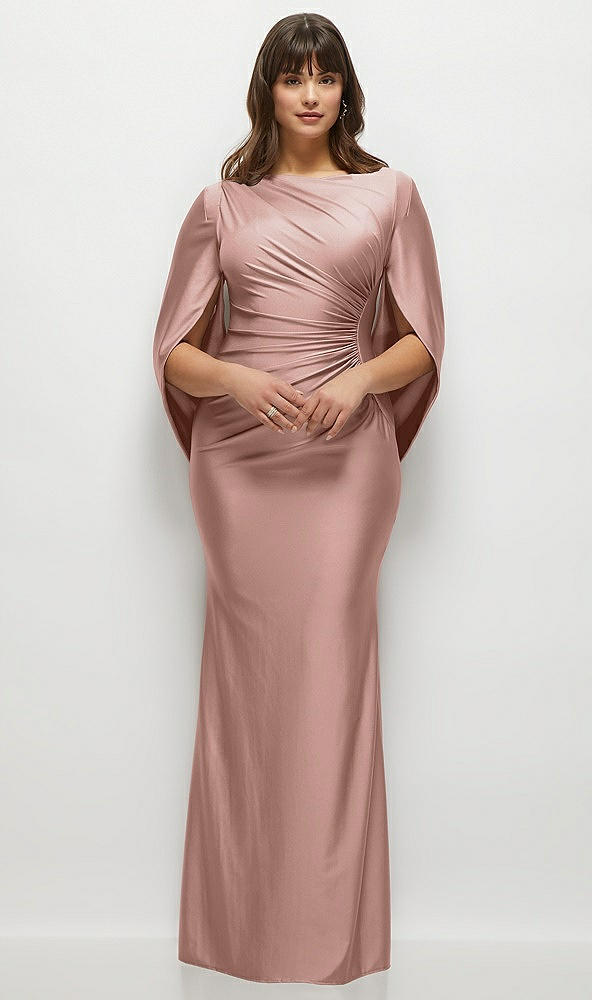 Front View - Neu Nude Draped Stretch Satin Maxi Dress with Built-in Capelet