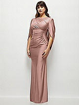 Side View Thumbnail - Neu Nude Draped Stretch Satin Maxi Dress with Built-in Capelet