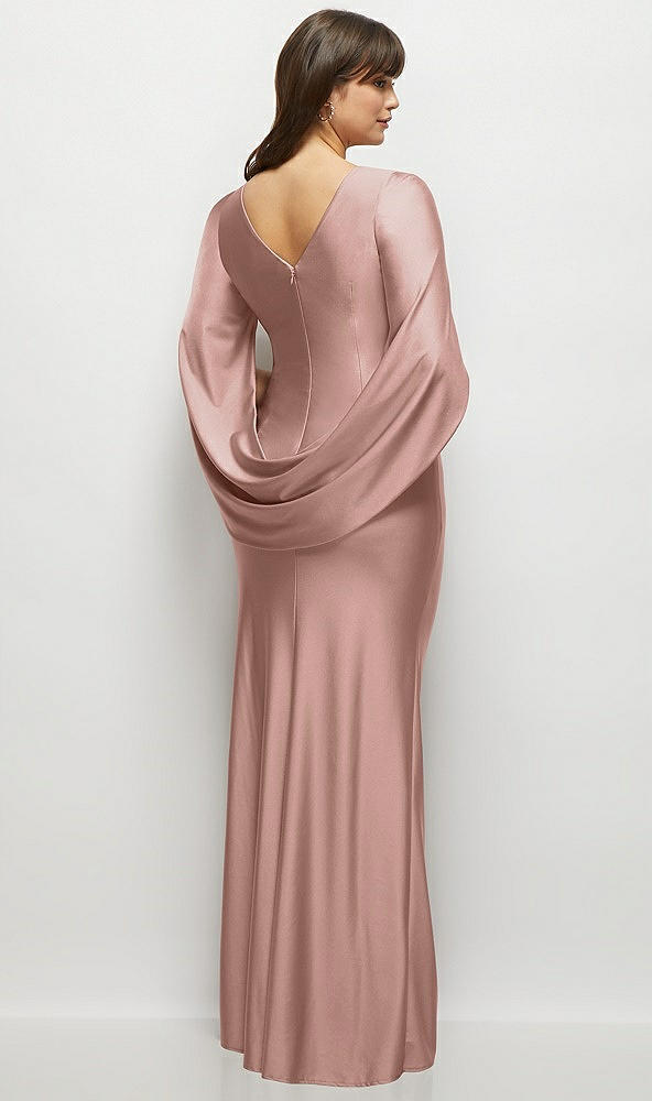 Back View - Neu Nude Draped Stretch Satin Maxi Dress with Built-in Capelet