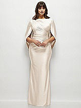 Front View Thumbnail - Oat Draped Stretch Satin Maxi Dress with Built-in Capelet