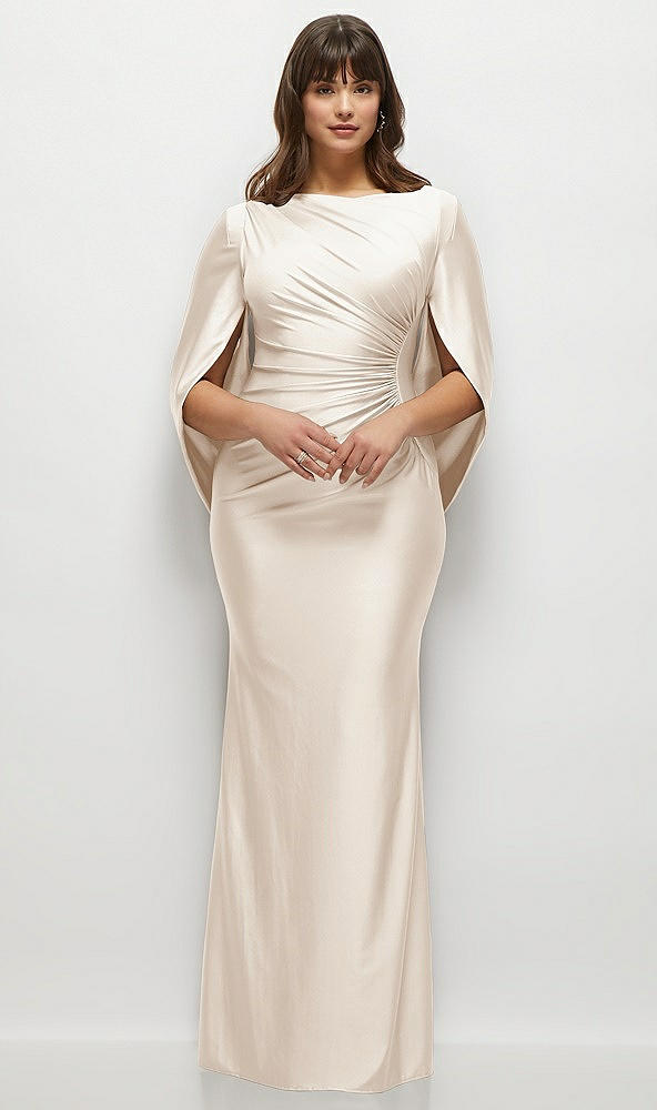 Front View - Oat Draped Stretch Satin Maxi Dress with Built-in Capelet