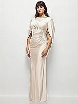 Side View Thumbnail - Oat Draped Stretch Satin Maxi Dress with Built-in Capelet