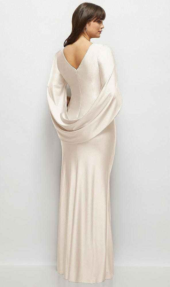 Back View - Oat Draped Stretch Satin Maxi Dress with Built-in Capelet
