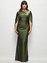 Alt View 1 Thumbnail - Olive Green Draped Stretch Satin Maxi Dress with Built-in Capelet