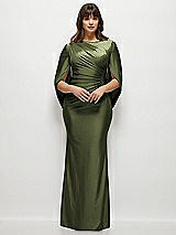 Front View Thumbnail - Olive Green Draped Stretch Satin Maxi Dress with Built-in Capelet