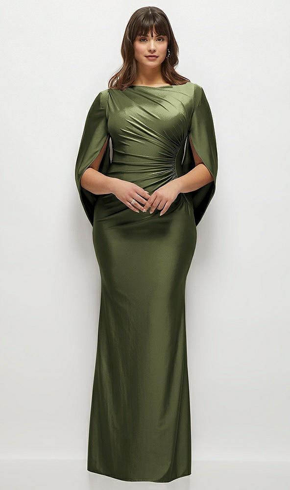 Front View - Olive Green Draped Stretch Satin Maxi Dress with Built-in Capelet