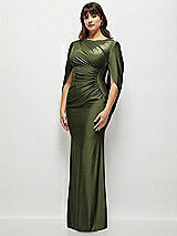 Side View Thumbnail - Olive Green Draped Stretch Satin Maxi Dress with Built-in Capelet