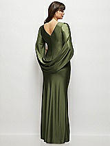 Rear View Thumbnail - Olive Green Draped Stretch Satin Maxi Dress with Built-in Capelet