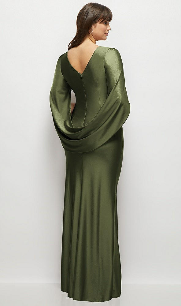 Back View - Olive Green Draped Stretch Satin Maxi Dress with Built-in Capelet