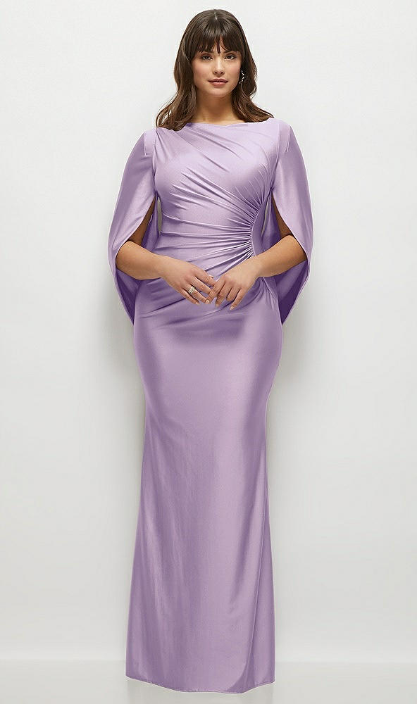 Front View - Pale Purple Draped Stretch Satin Maxi Dress with Built-in Capelet