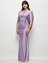 Side View Thumbnail - Pale Purple Draped Stretch Satin Maxi Dress with Built-in Capelet