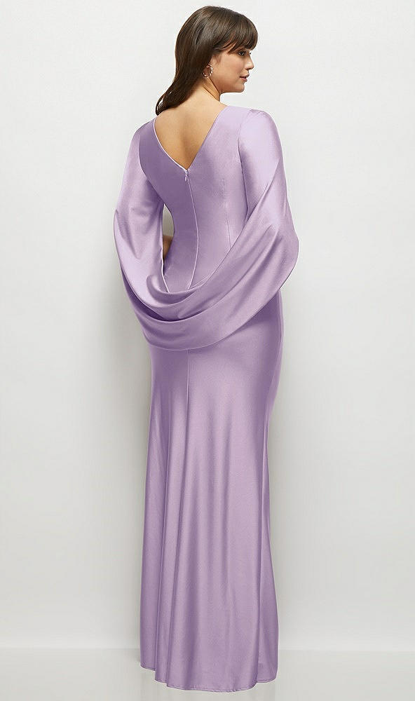 Back View - Pale Purple Draped Stretch Satin Maxi Dress with Built-in Capelet