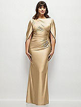 Alt View 1 Thumbnail - Soft Gold Draped Stretch Satin Maxi Dress with Built-in Capelet