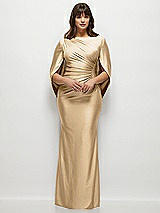 Front View Thumbnail - Soft Gold Draped Stretch Satin Maxi Dress with Built-in Capelet