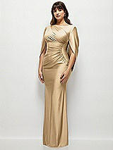 Side View Thumbnail - Soft Gold Draped Stretch Satin Maxi Dress with Built-in Capelet