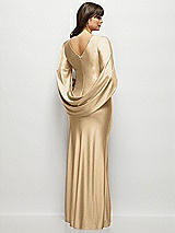 Rear View Thumbnail - Soft Gold Draped Stretch Satin Maxi Dress with Built-in Capelet