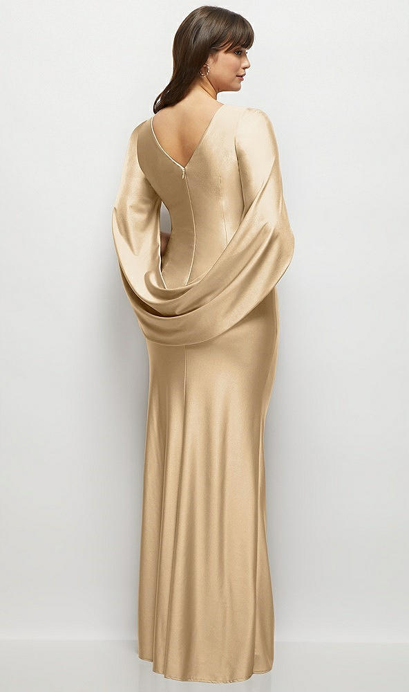 Back View - Soft Gold Draped Stretch Satin Maxi Dress with Built-in Capelet
