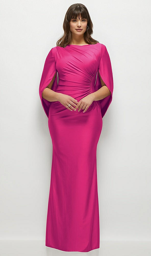 Front View - Think Pink Draped Stretch Satin Maxi Dress with Built-in Capelet