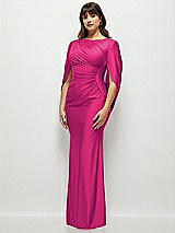 Side View Thumbnail - Think Pink Draped Stretch Satin Maxi Dress with Built-in Capelet
