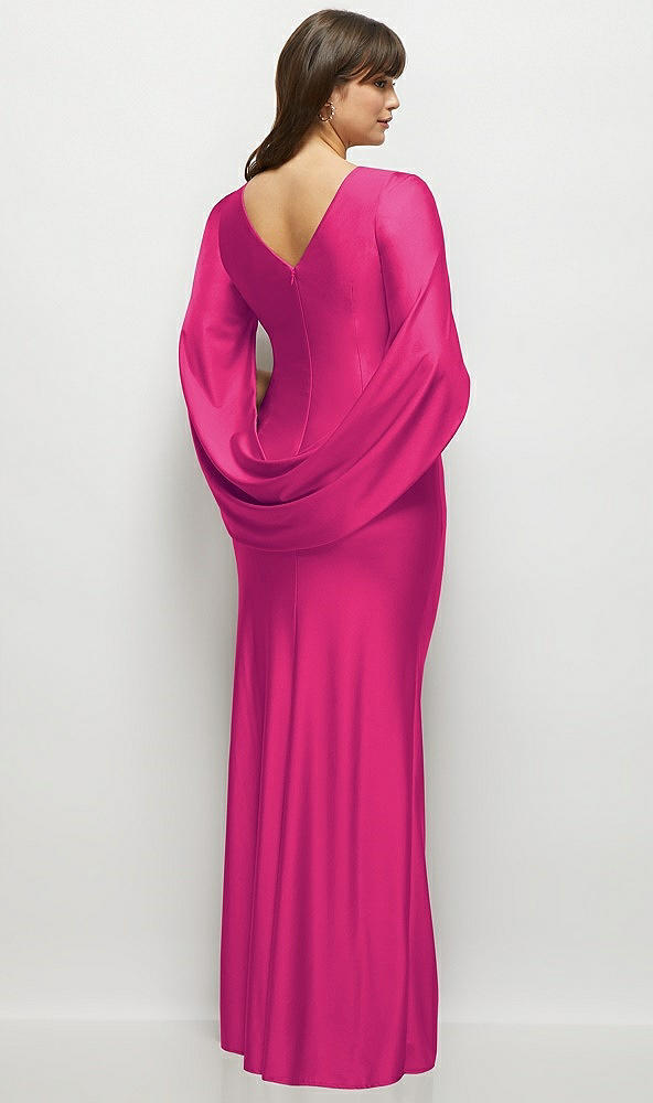 Back View - Think Pink Draped Stretch Satin Maxi Dress with Built-in Capelet