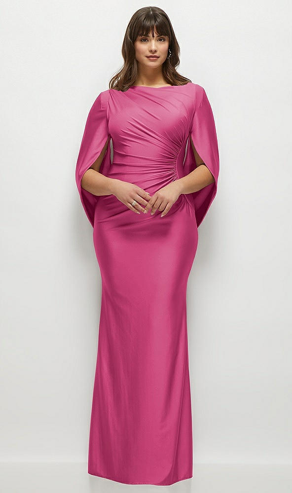 Front View - Tea Rose Draped Stretch Satin Maxi Dress with Built-in Capelet