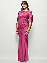 Side View Thumbnail - Tea Rose Draped Stretch Satin Maxi Dress with Built-in Capelet