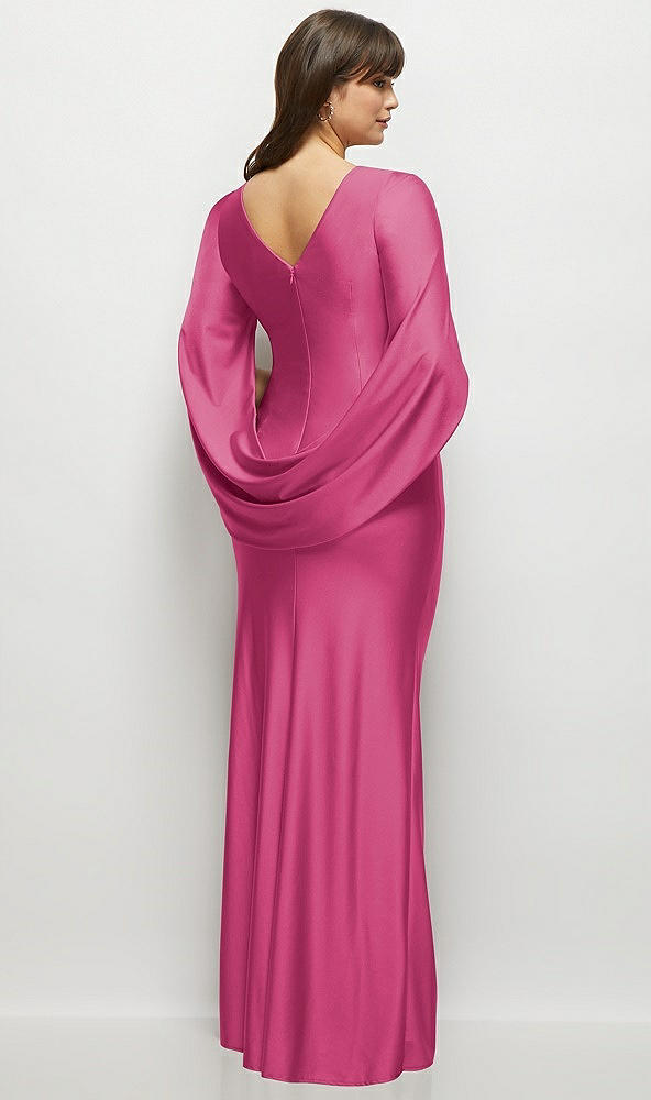 Back View - Tea Rose Draped Stretch Satin Maxi Dress with Built-in Capelet