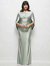 Front View Thumbnail - Willow Green Draped Stretch Satin Maxi Dress with Built-in Capelet