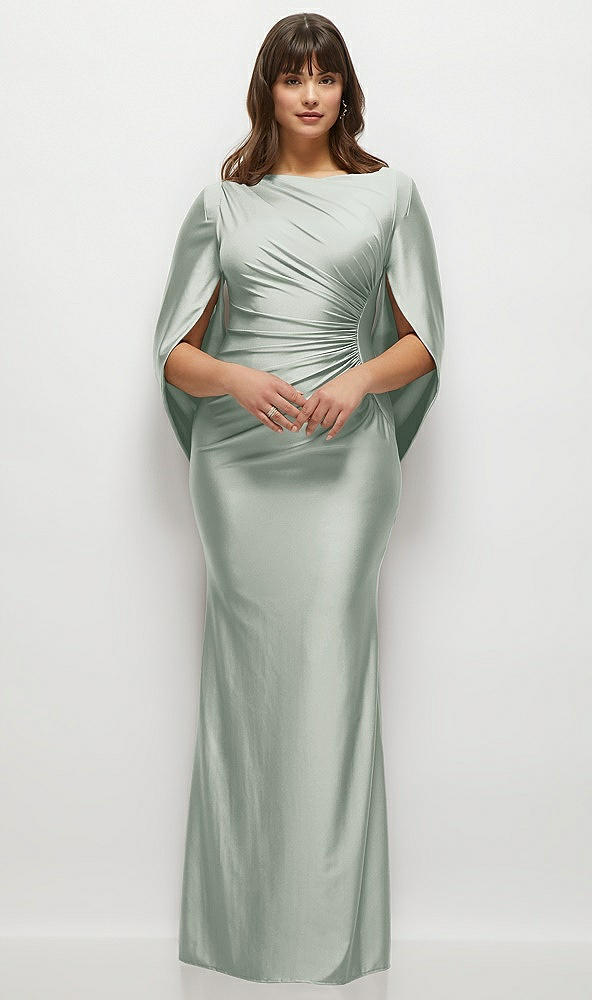 Front View - Willow Green Draped Stretch Satin Maxi Dress with Built-in Capelet