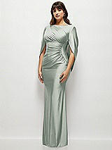 Side View Thumbnail - Willow Green Draped Stretch Satin Maxi Dress with Built-in Capelet